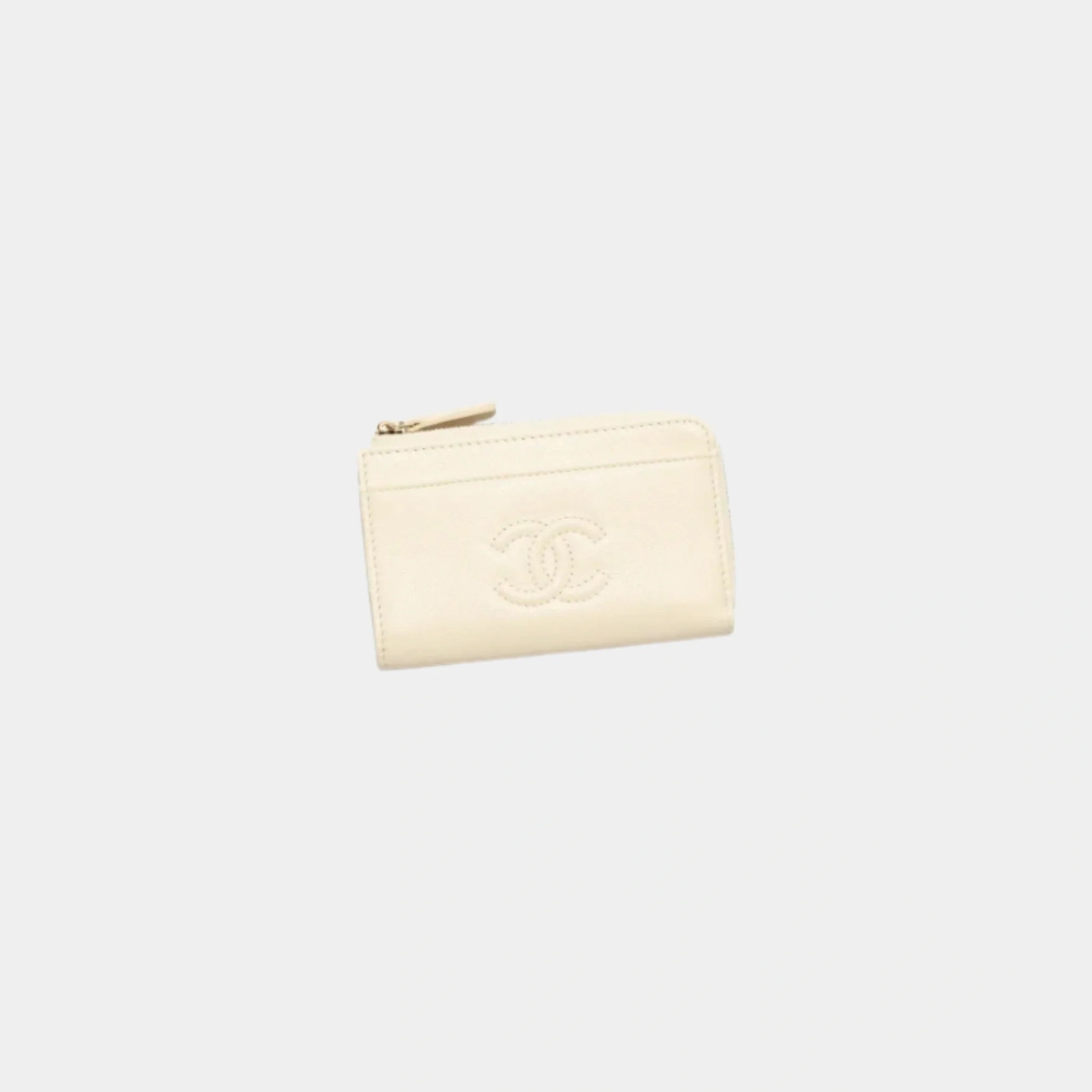 Light Beige Zipped Card Holder Grained Shiny Calfskin