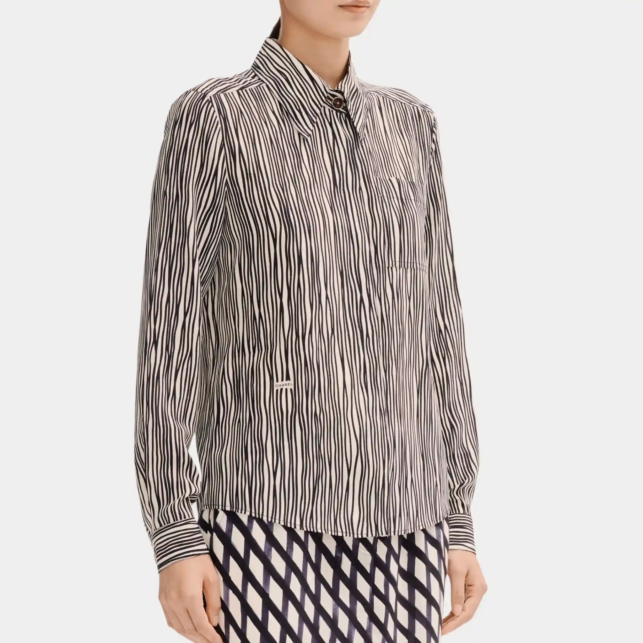 Long Sleeved Shirt in White and Black Silk Crepe