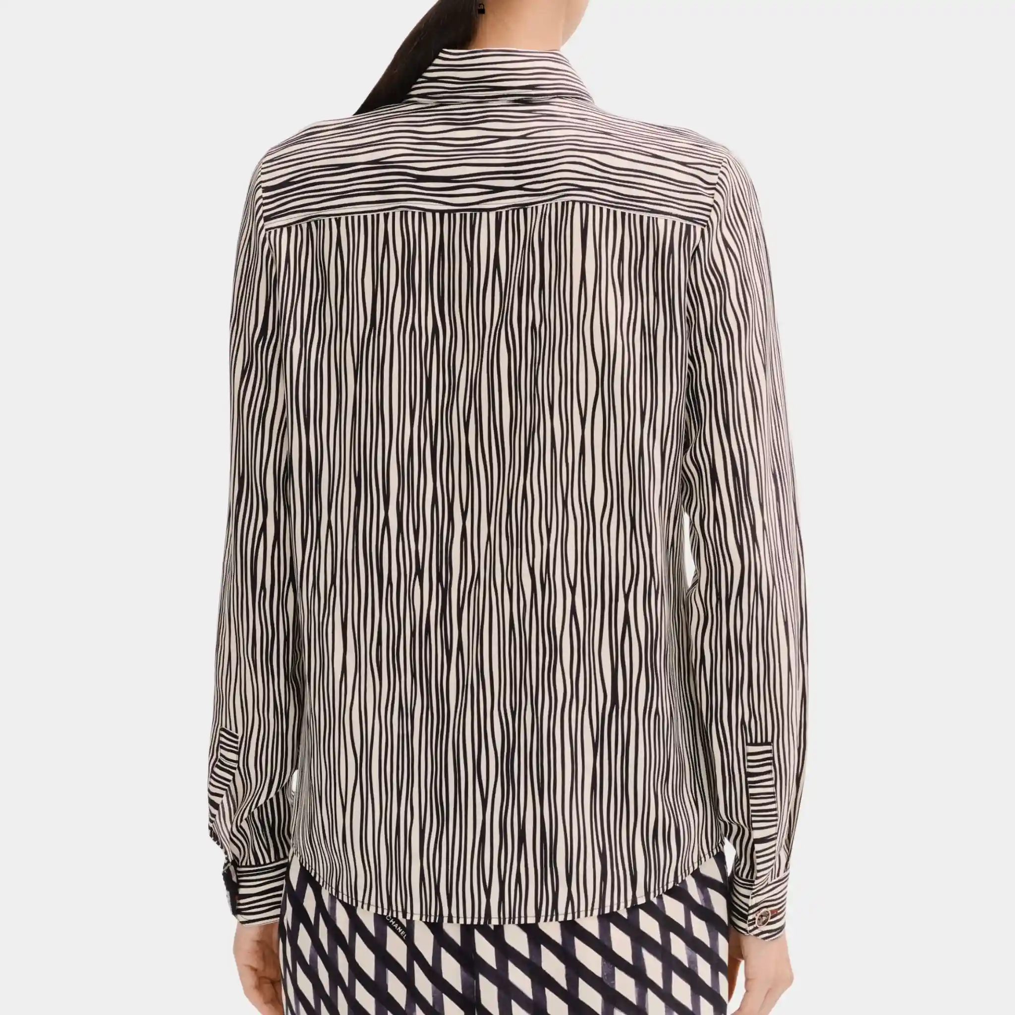 Long Sleeved Shirt in White and Black Silk Crepe - Image 2