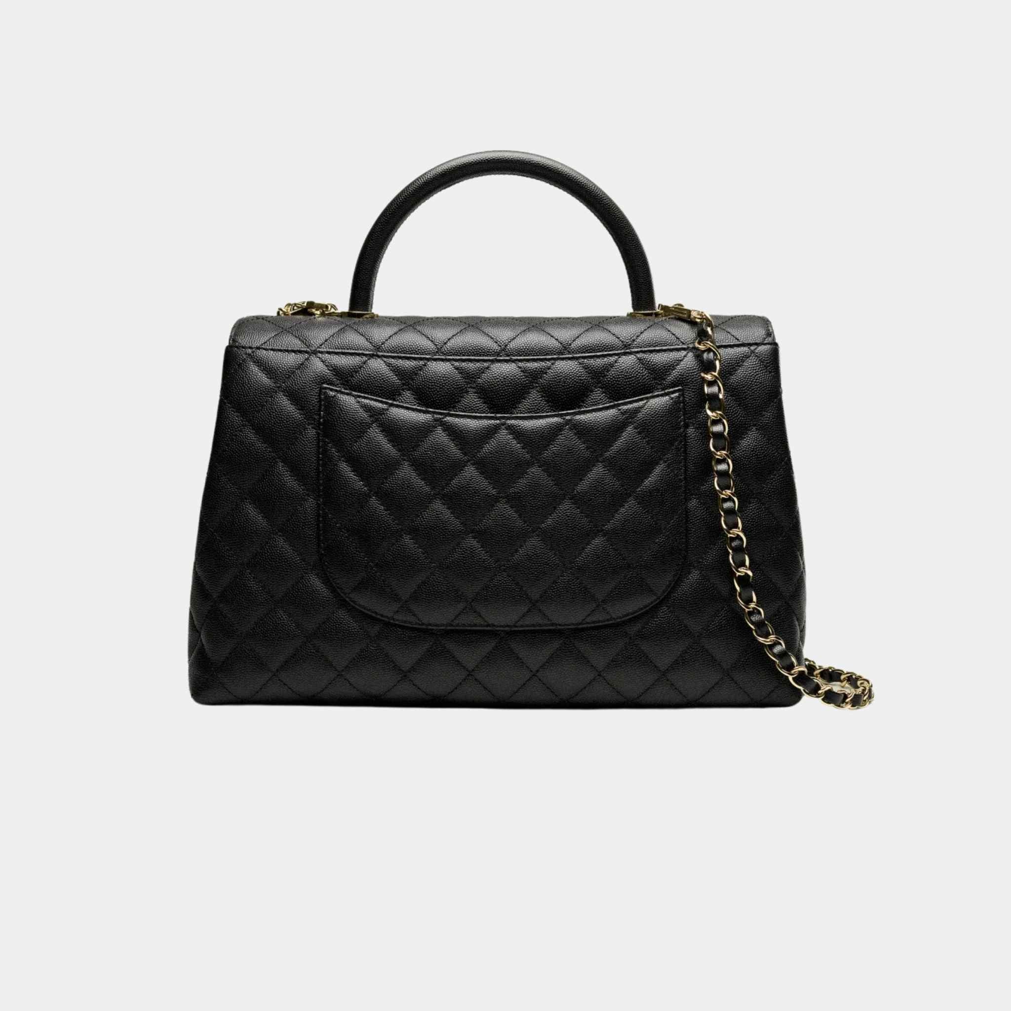Maxi Flap Bag With Top Handle Grained Calfskin Gold Tone Metal Black - Image 3