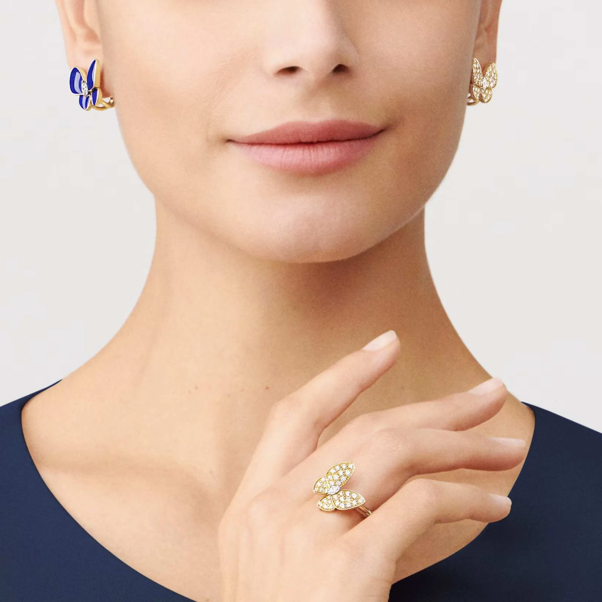 Two Butterfly Earrings Yellow Gold Diamond Lapis Lazuli - Image 2